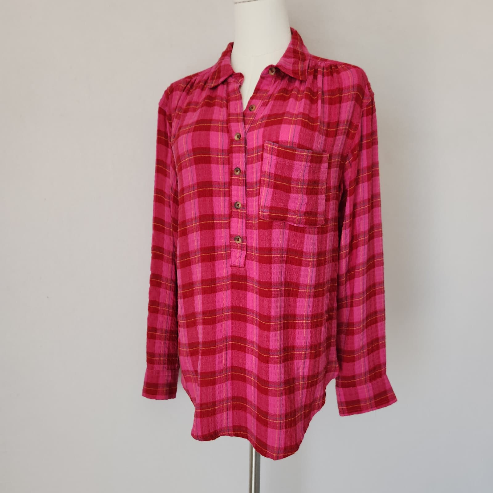 Anthropologie Isadora Plaid Flannel Crinkle Popover Shirt Long Sleeve Pink Sz.S