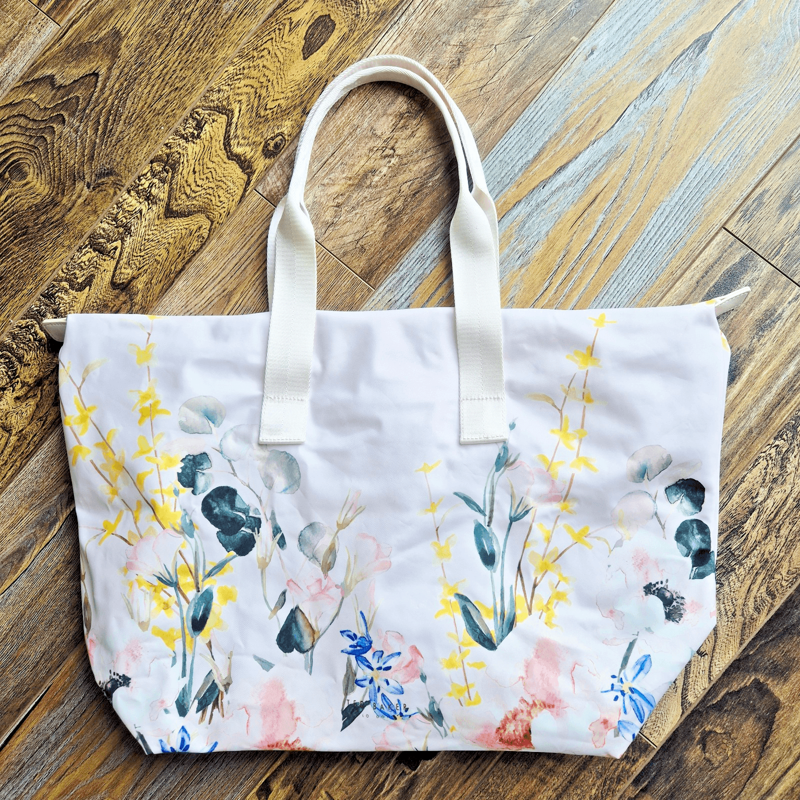 Ted Baker Vibrant Painted Meadow Floral Tote Bag Double Handles Zip-Closure Pink