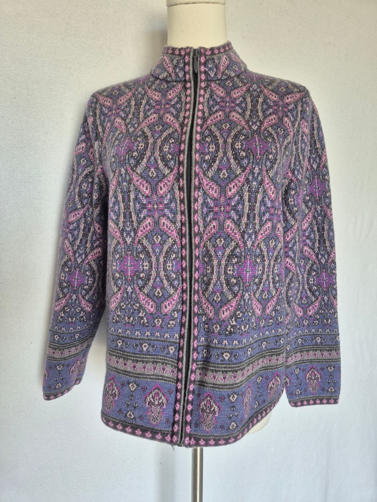 Pendelton Merino Wool Paisley Fair Isle Zip Cardigan Mock Neck Purple Women's L