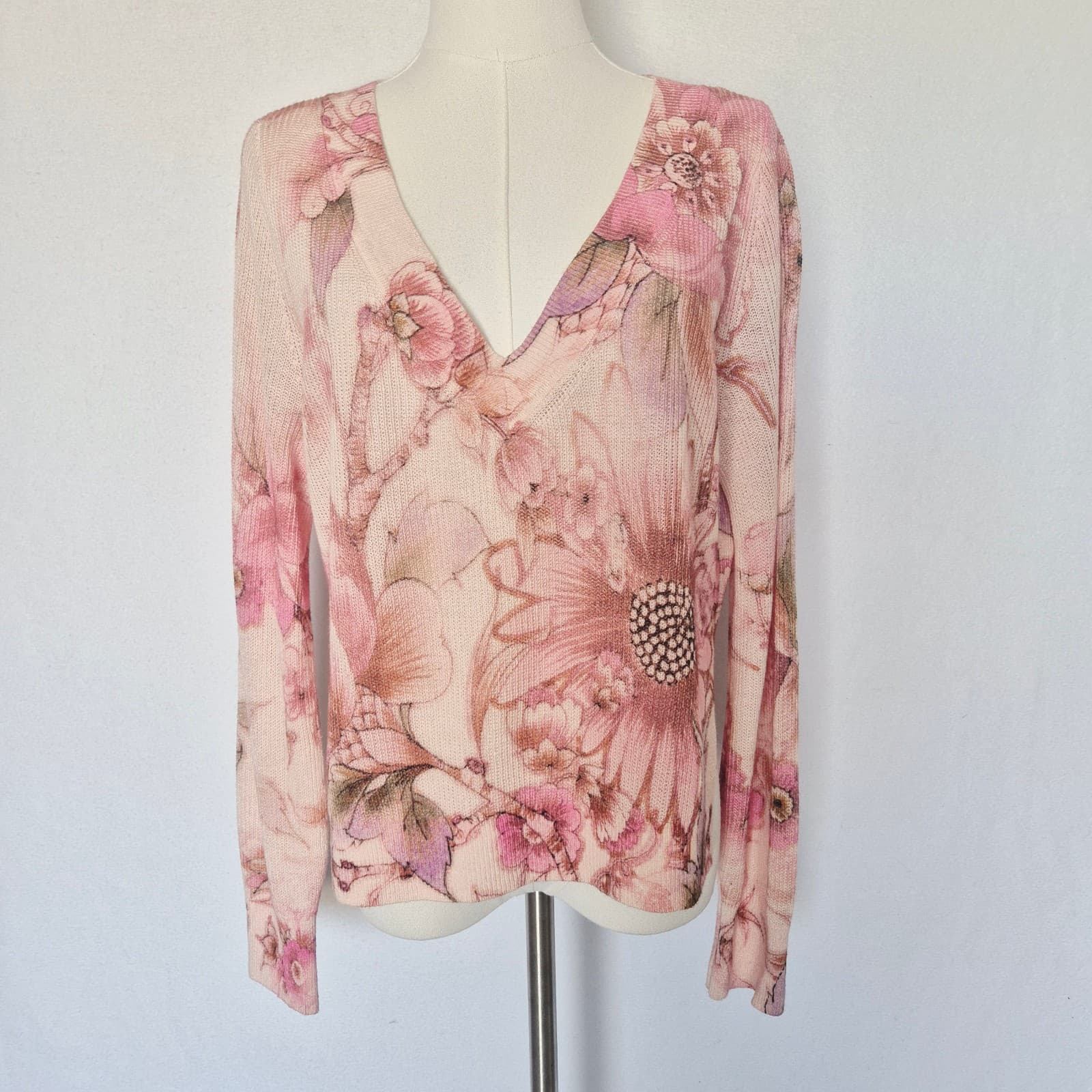 Anthropologie The Dreamer Printed Linen Blend V-Neck Sweater Pink Oversize XS