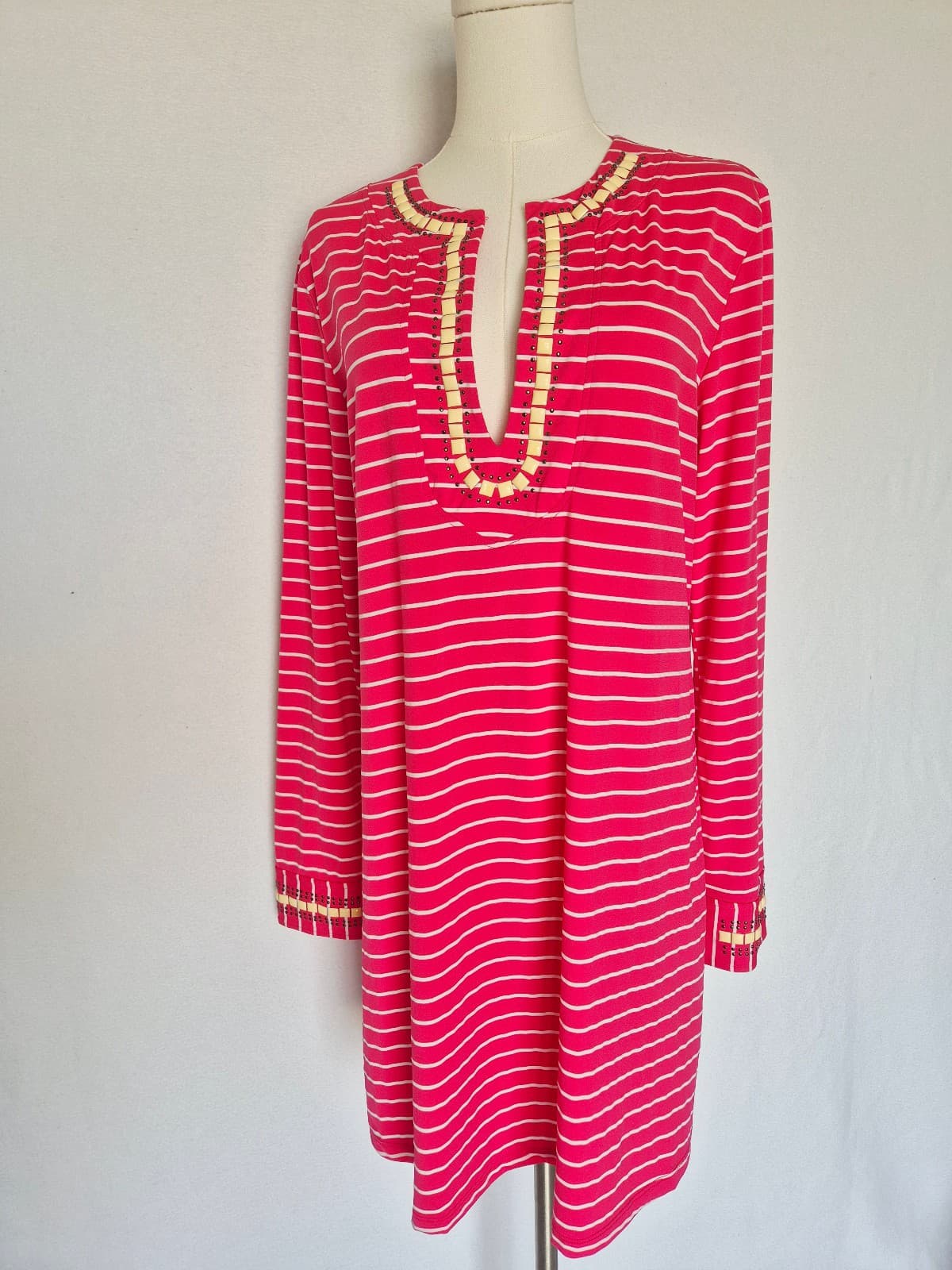 ST. JOHN Silk Blend Studded Beaded Jersey Tunic Top Long Sleeve Stripe Pink Sz.M