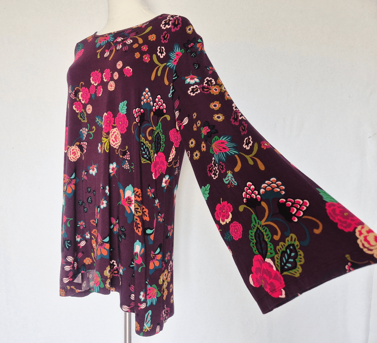 Johnny Was Adrina High Neck Swing Tunic Top Long Bell Sleeve Knit Burgundy Sz.L