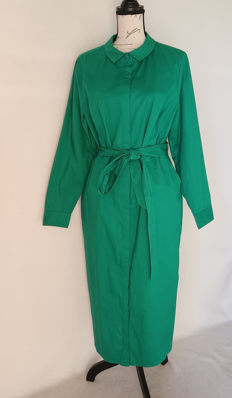 Boden Midi Shirt Dress Long Sleeve Button Tie-Belt Pocket Stretch Green Sz.16L