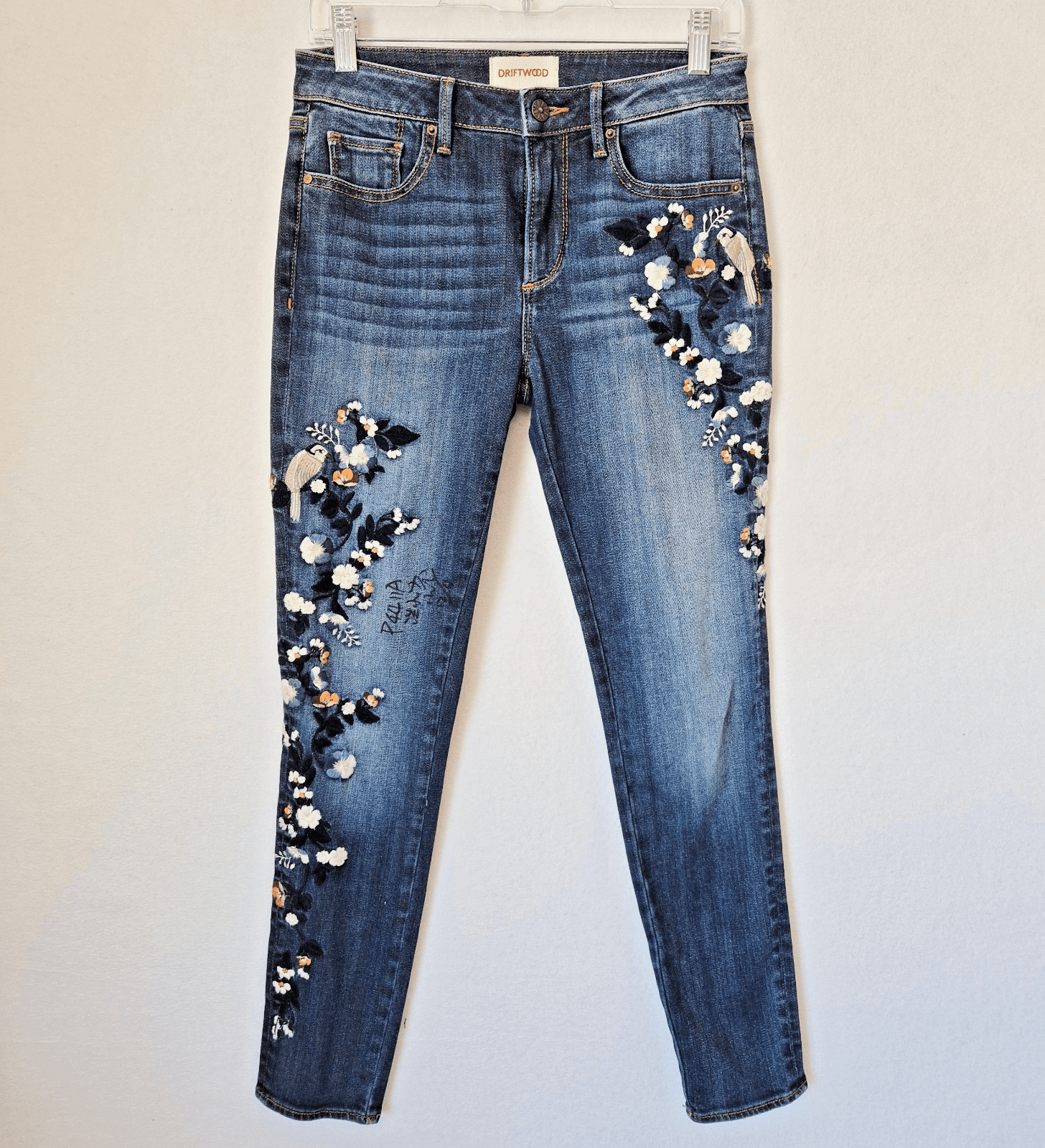 Driftwool Jackie Floral Bird Embroidered Skinny Ankle Jeans Zip Blue Women's 26