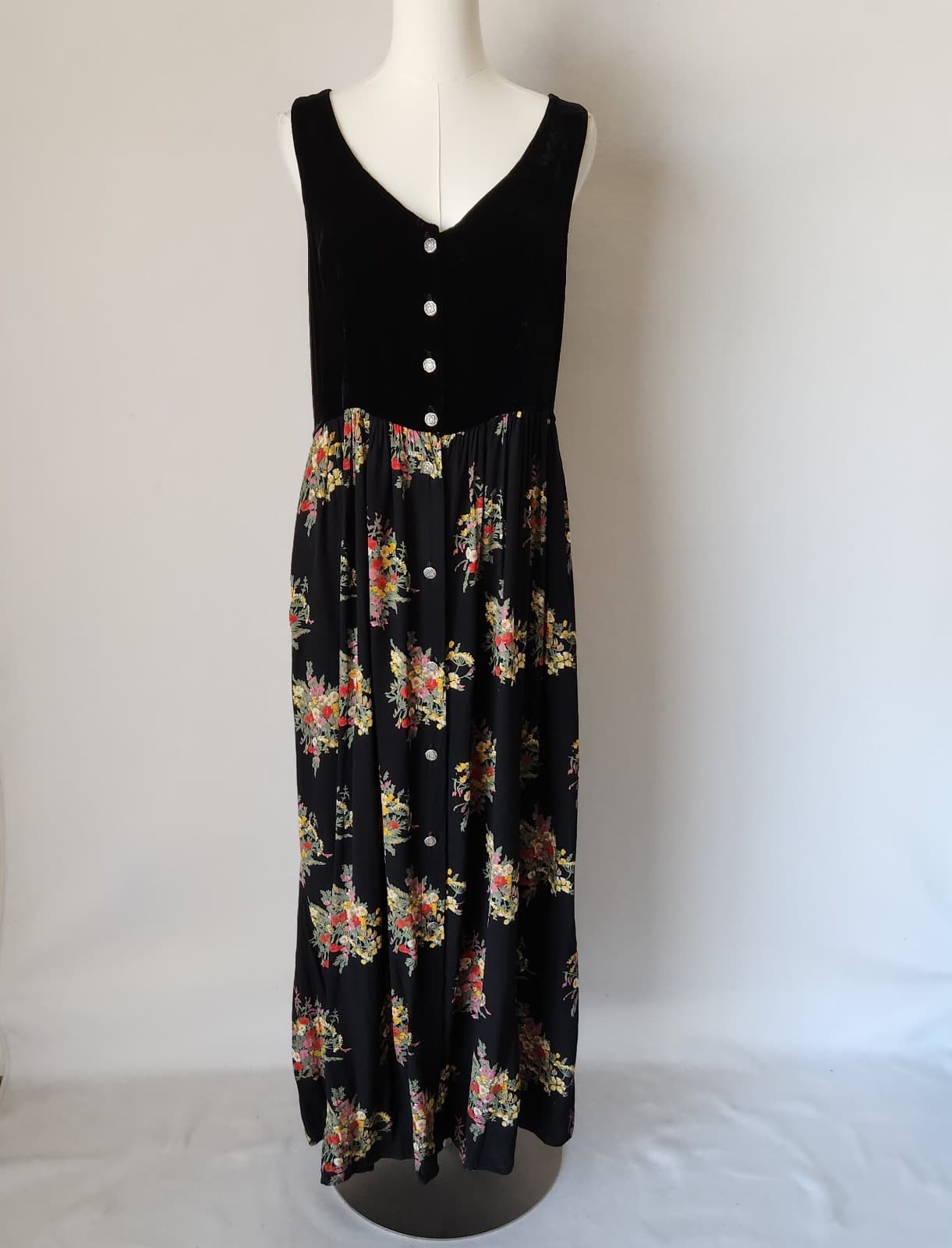 Vintage Loco Lindo Floral Velvet Cottagecore Maxi Dress Silk Rayon Black Sz.M