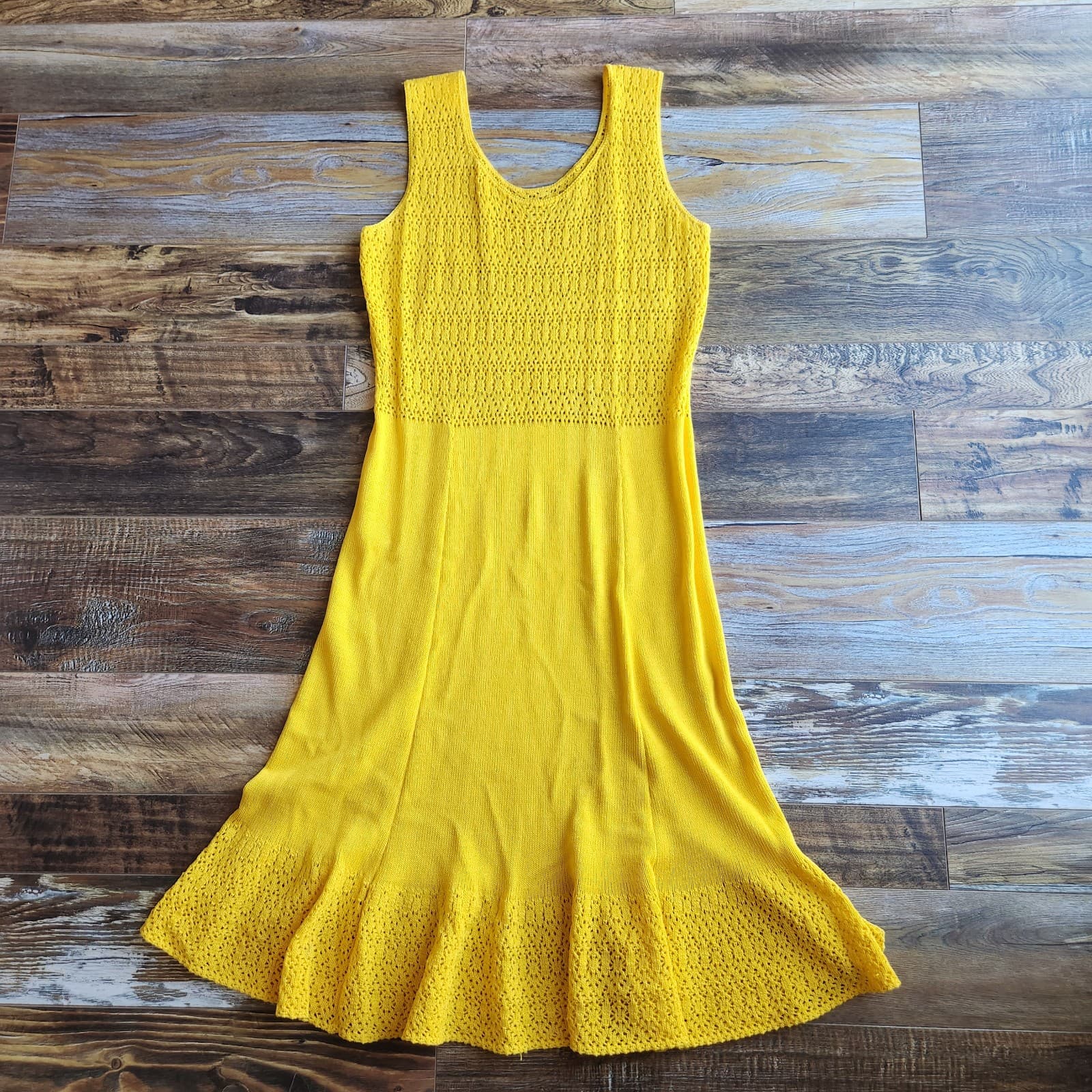 Vintage Made in USA Wool Blend Crochet Knit Midi Dress Sleeveless Yellow Sz.16