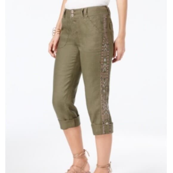 International Concepts Women 100%Linen Embroidered Crop Pants Olive Green Sz.4