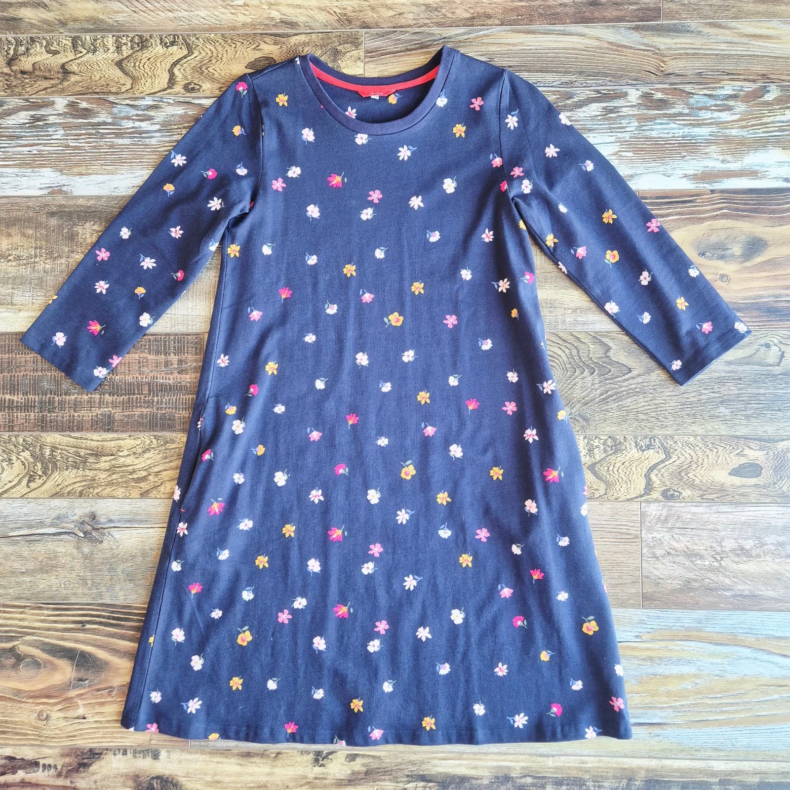NWoT Joules Layla A-Line Jersey Dress Ditsy Floral Navy 3/4 Sleeve Pocket Size 8