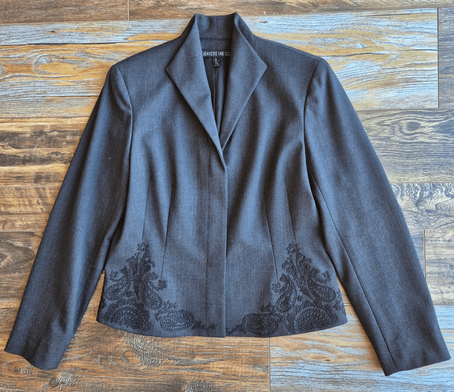 Lafayette 148 Wool Blend Embroidered Career Blazer Jacket Button Black Women's 6