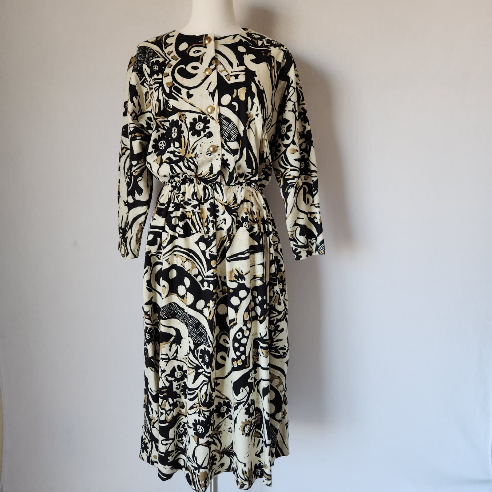 Vintage Sabino Made in USA Midi Dress Long Sleeve Geo-Printed Black Beige Sz.10
