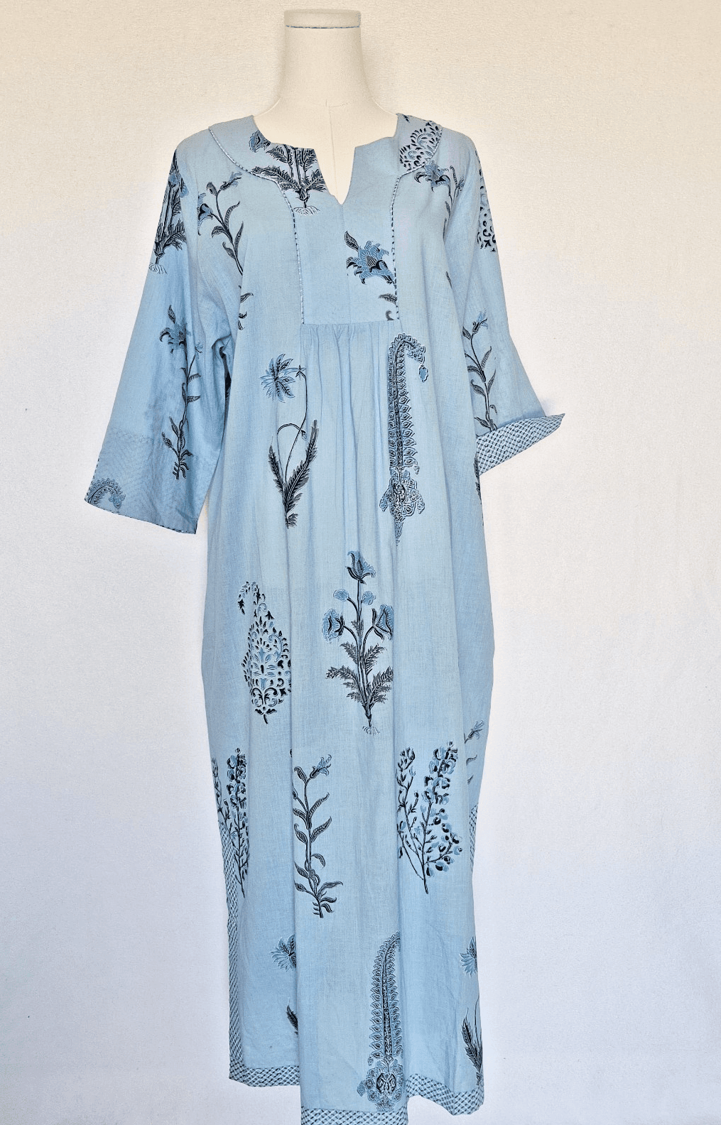 NWoT NoLoGo Heart & Soul Block Printed Cotton Kaftan Maxi Dress Pocket Blue M/L
