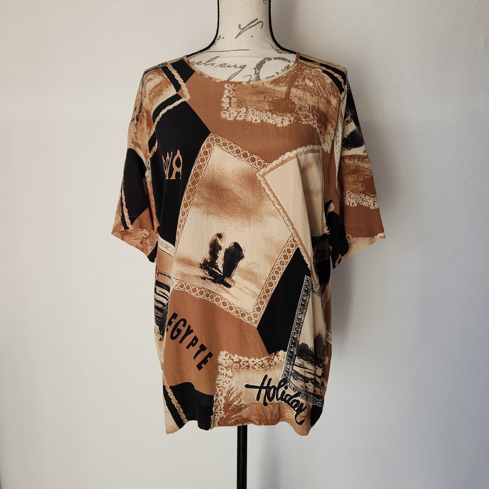 Vintage Max Mara Made in Italy Silk Graphic Tunic Top Short Sleeve Brown Sz.4