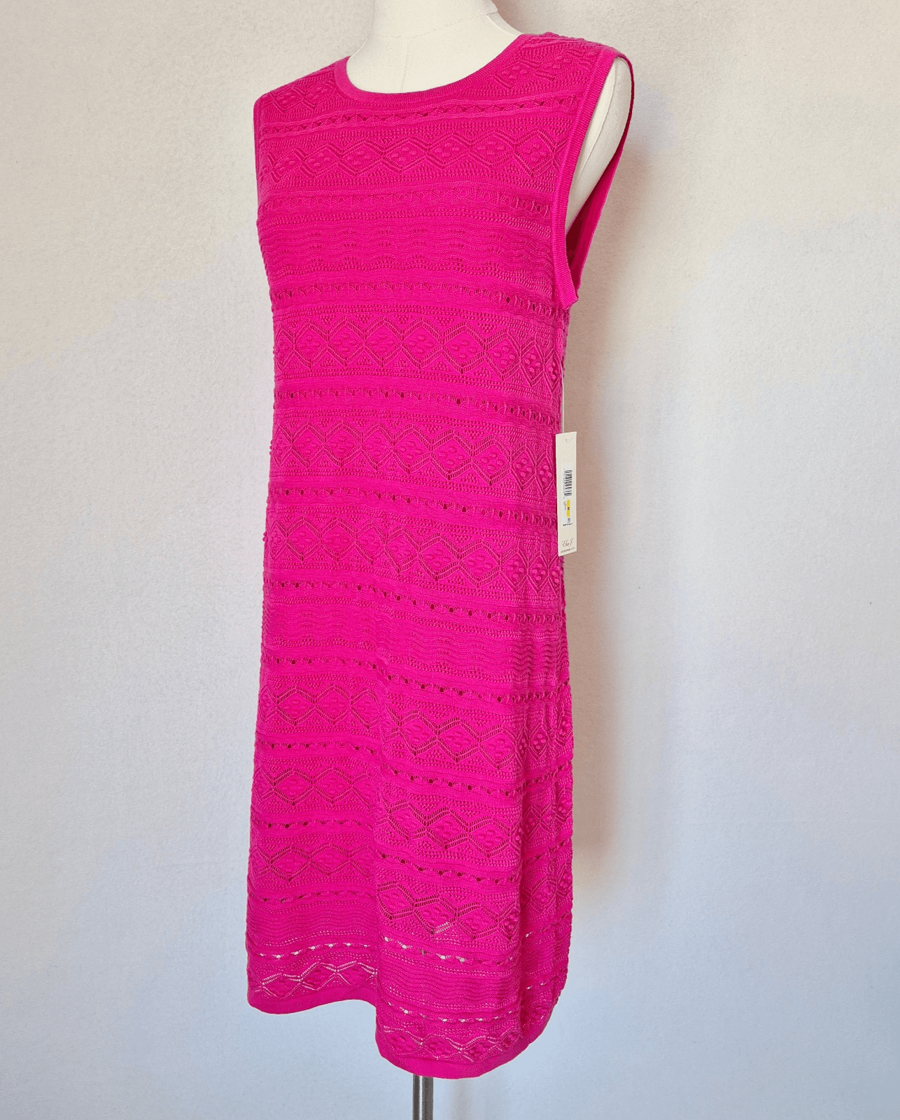 NWT Eliza J $148 Knit Crochet Shift Dress Sleeveless Lined Hot-Pink Women's M