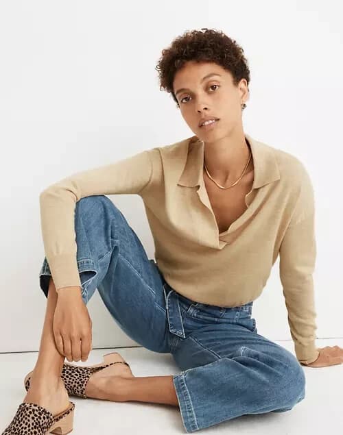 EUC Madewell 100% Merino Wool Polo Sweater Pullover Long Sleeve Beige Women XXL