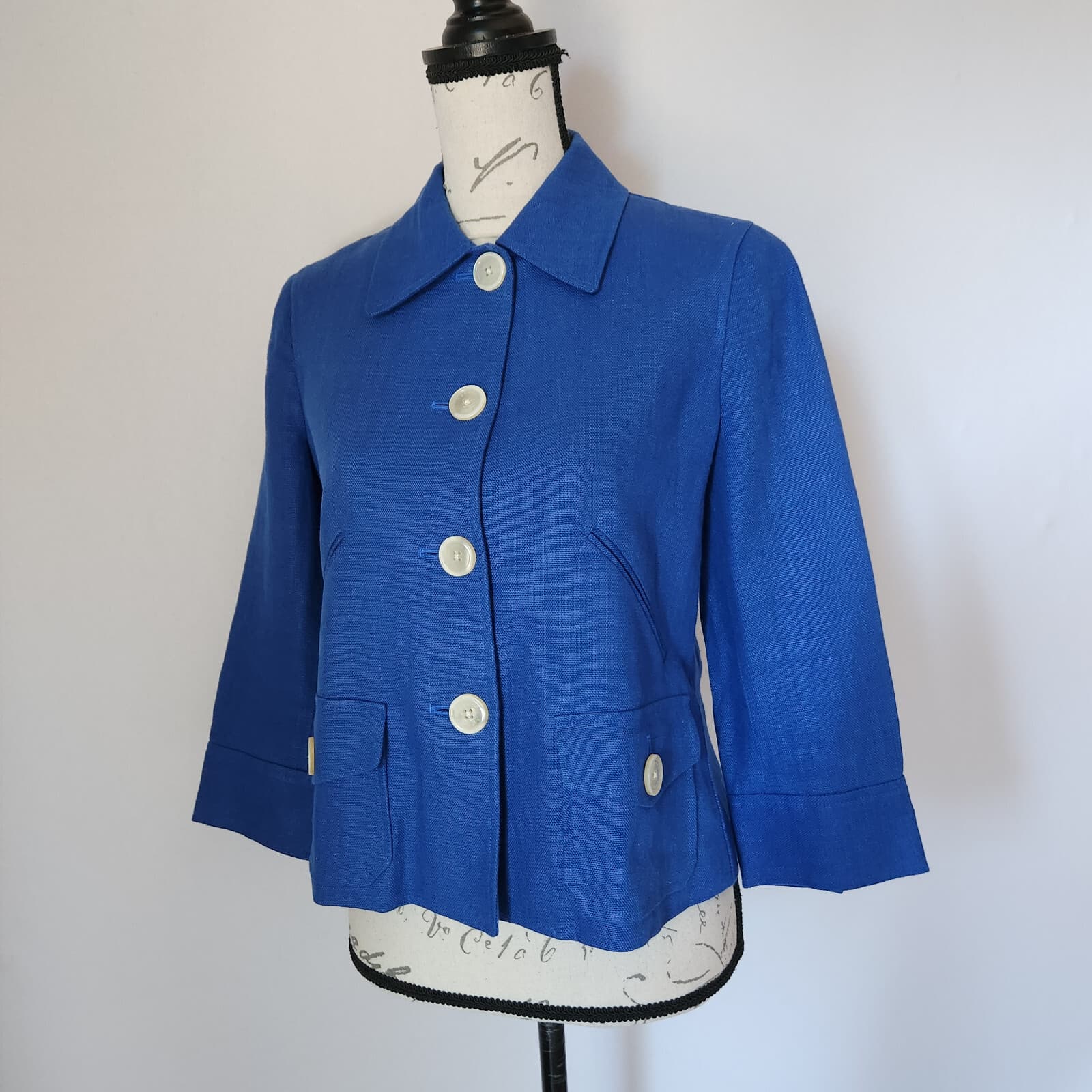 Lauren Ralph Lauren 100% Linen Jacket Pocket Button 3/4 Sleeve Blue Women's 8P