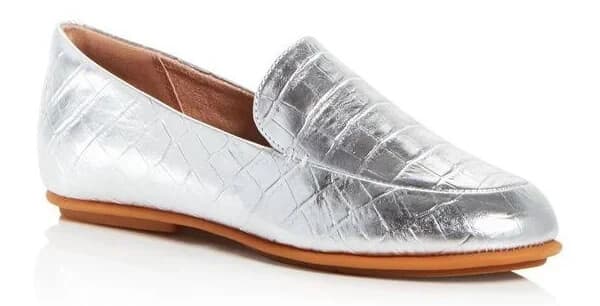 NWoB Fitflop Lena Croc-Embossed Silver Metallic Leather Loafer Flat Women's US5