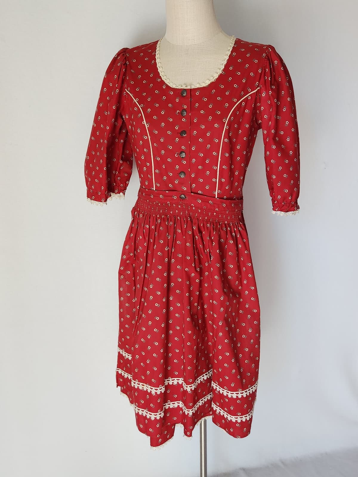 Vintage Ernst Licht 2 Piece Oktoberfest Prairie Dress Lace Trim Floral Red Sz.8