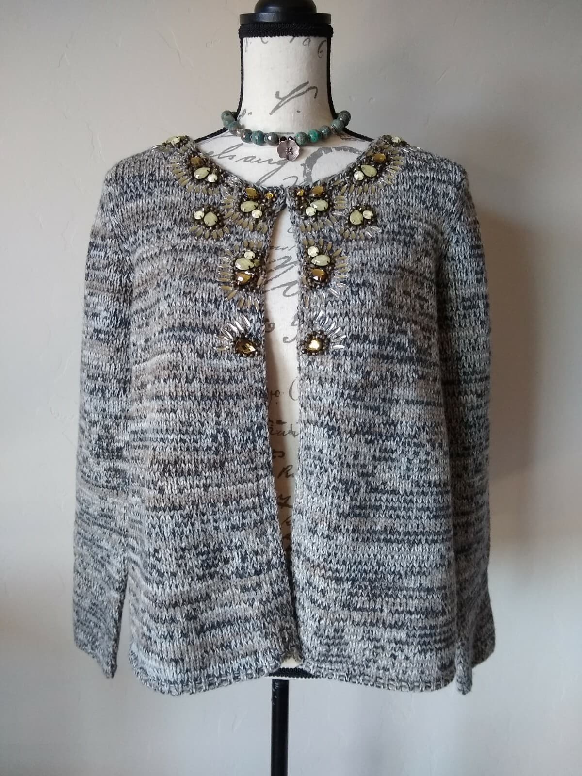 J.Jill Women Wool Camel Blend Cardigan Sweater Bead-embellished Gray Sz.M