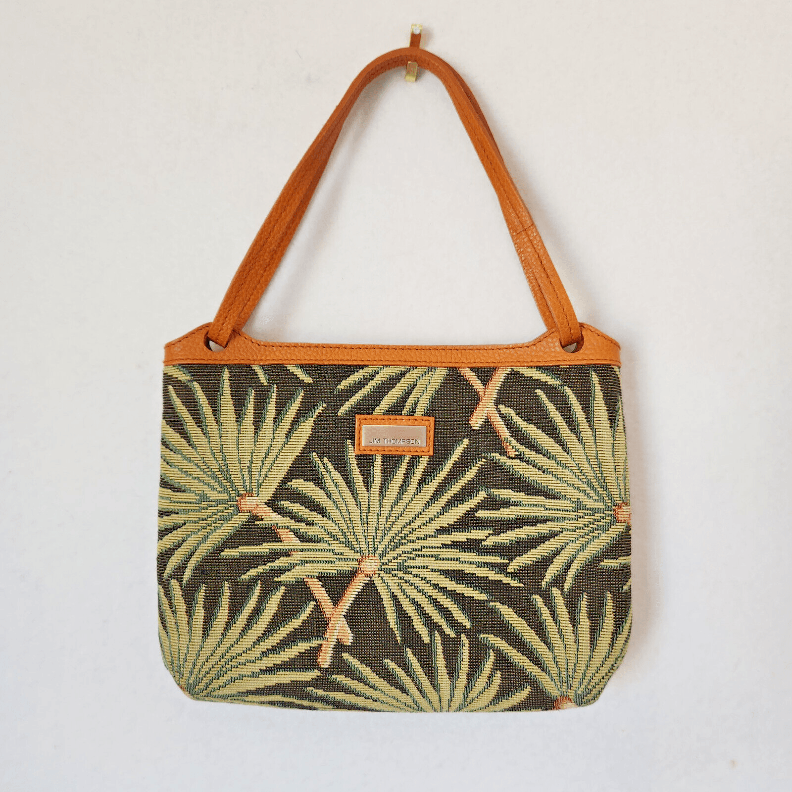 JIM THOMPSON Palm Leaf Jacqurd Fabric Leather Handle Pouch Clutch Bag Silk Liner