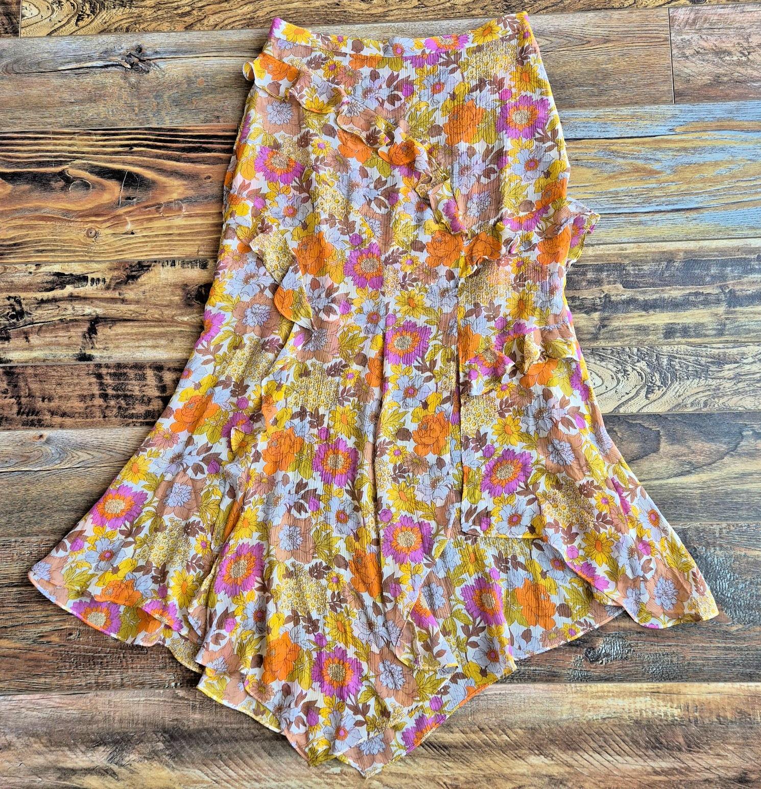 Veronica Beard Eleonora Silk Sheer Chiffon Slit Ruffle Floral Midi Skirt Women 8