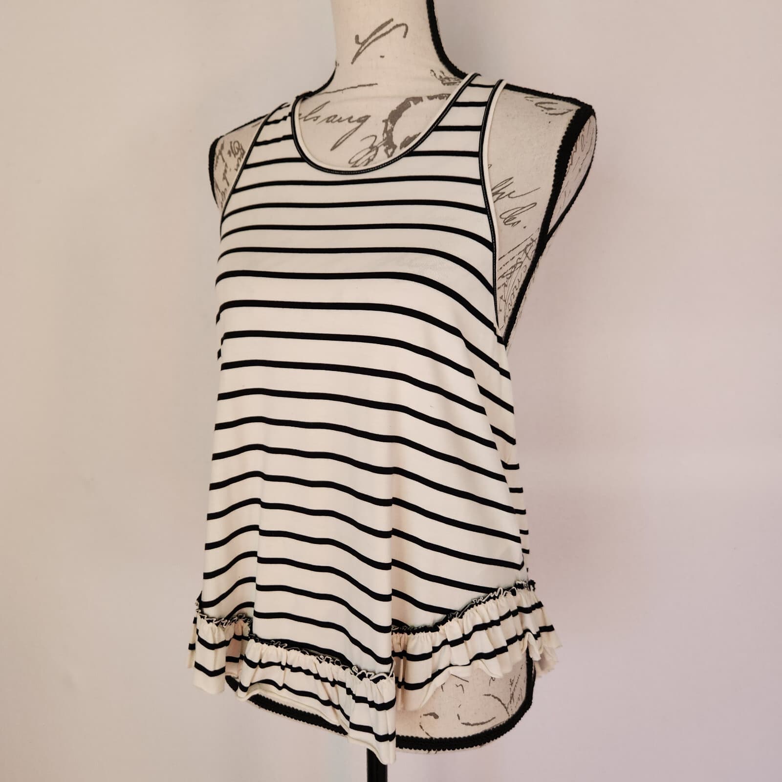 Kate Spade New York Stripe Ruffle Tank Top Modal Buttery-Knit White Black Sz.M