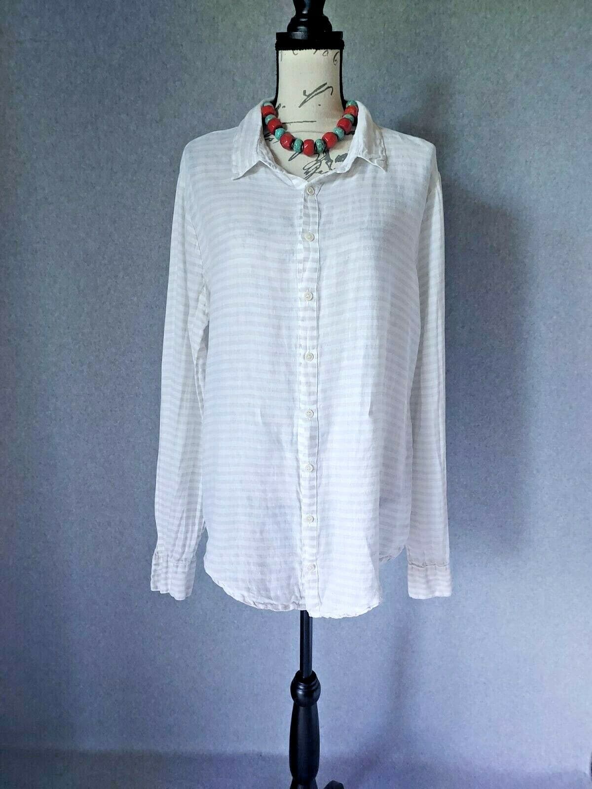 CP Shades Linen Tunic Shirt Button-Up Long Sleeve White Cream Stripe Chest 46"