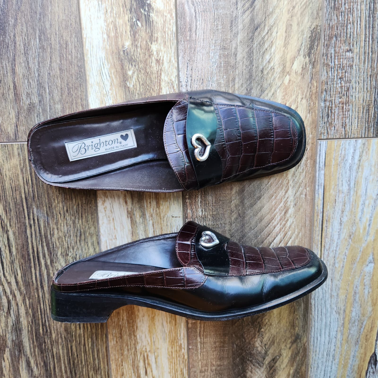 Brighton Jade Made in Italy Croc-Embossed Leather Mule Slide-On Brown Women 8.5
