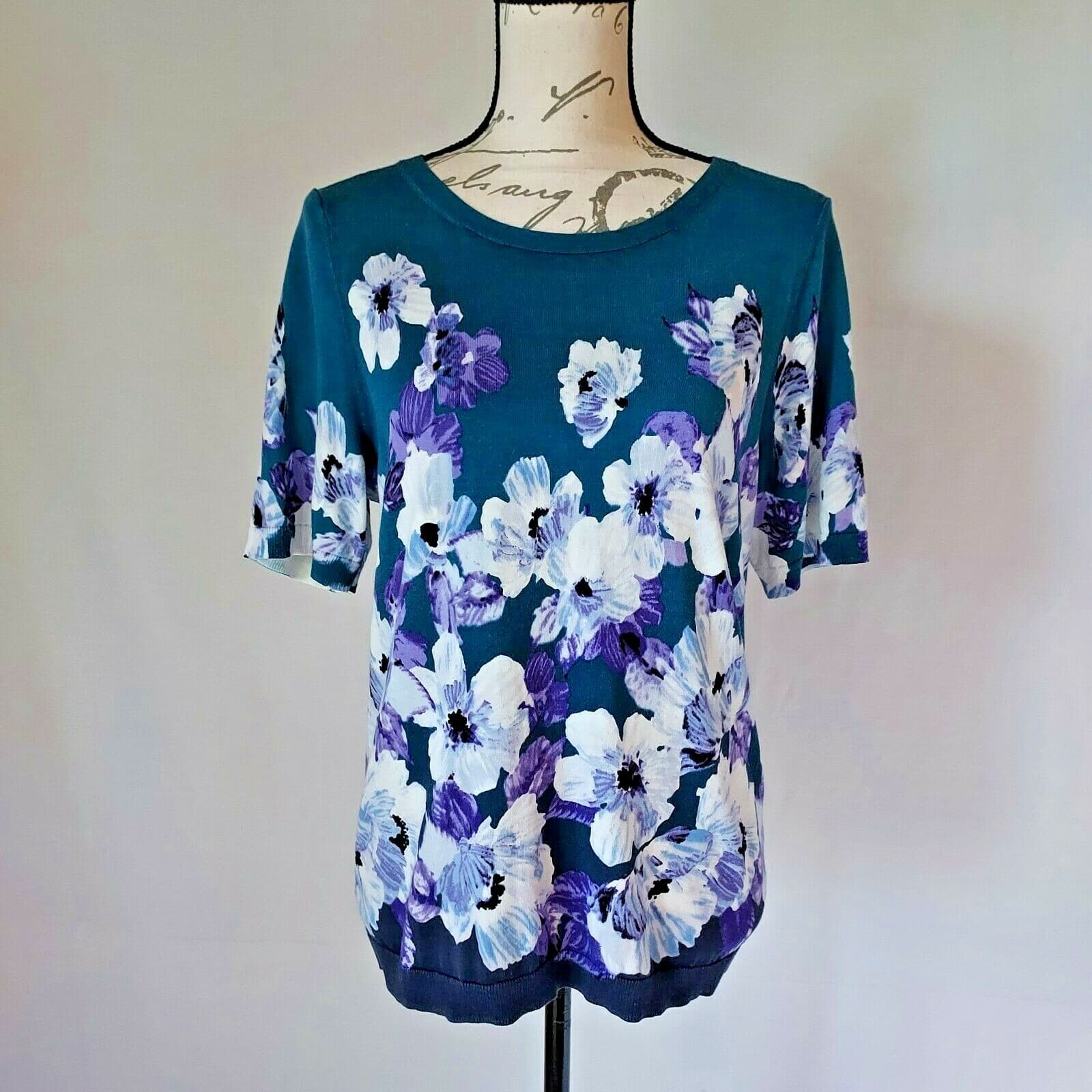 Talbots Knit Top Short Sleeve Crew Neck Floral Green Cotton Rayon Blend Women LP
