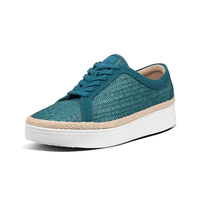 EUC FitFlop Rally Basket Weave Raffia Canvas Fashion Sneaker Lace Blue Women US8