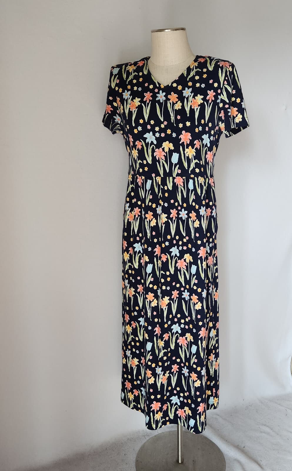 Vintage Talbots Made in USA Floral Midi Sheath Dress Pocket Blue Cotton Sz.M