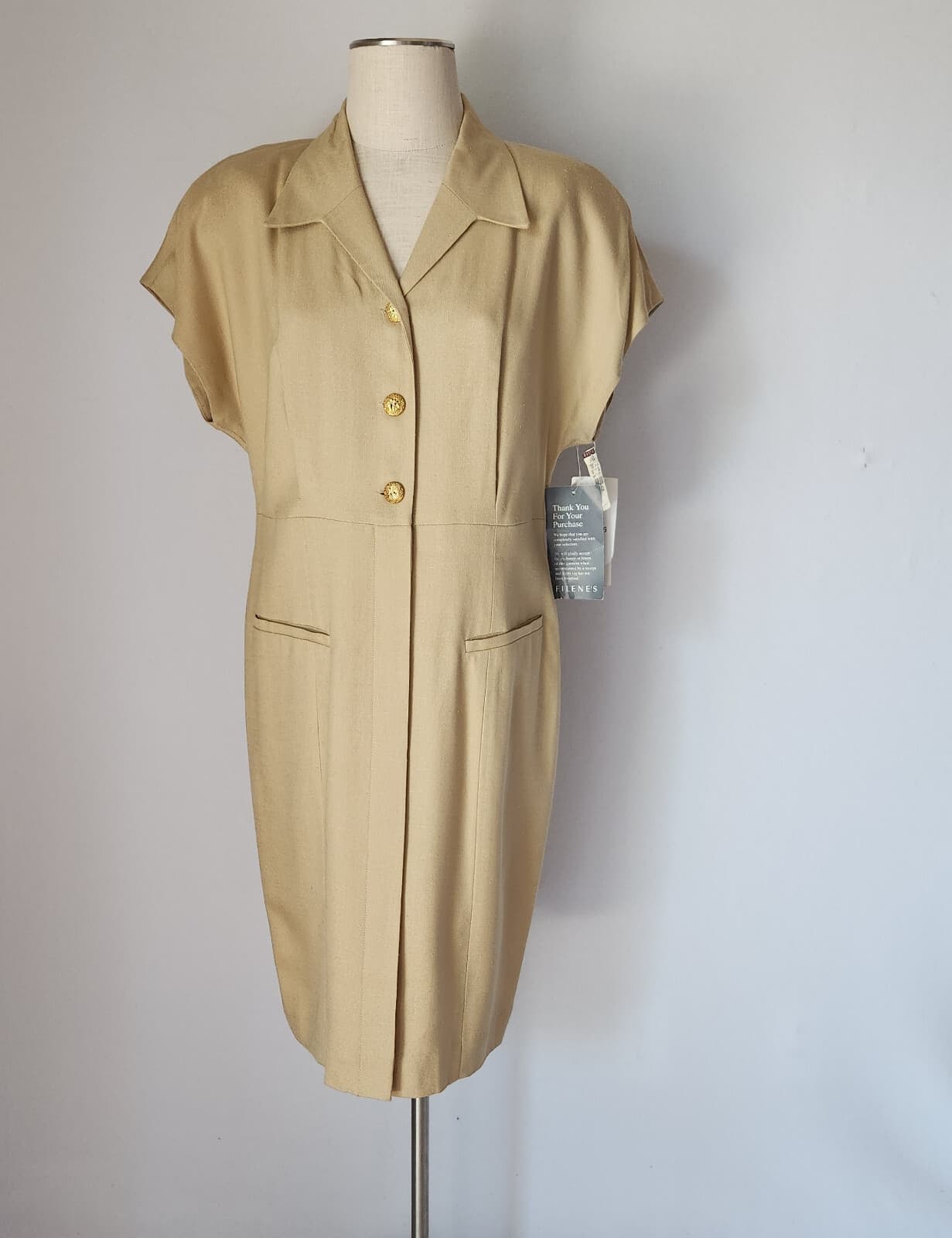 Vintage NWT Liz Claiborne Midi Dress Cap Sleeve Gold-Button Rayon Sand Sz.14