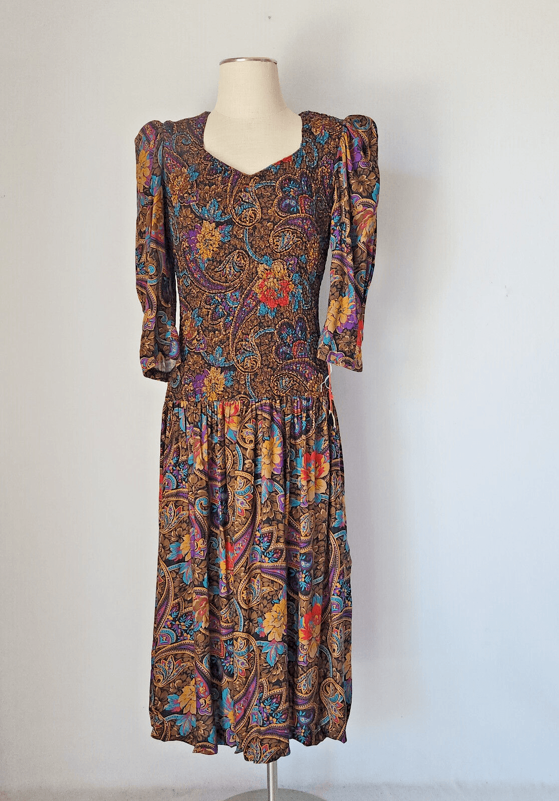 Vintage NWT ACT I New York Floral Paisley Smocked Midi Dress Dropwaist Sz.7-8
