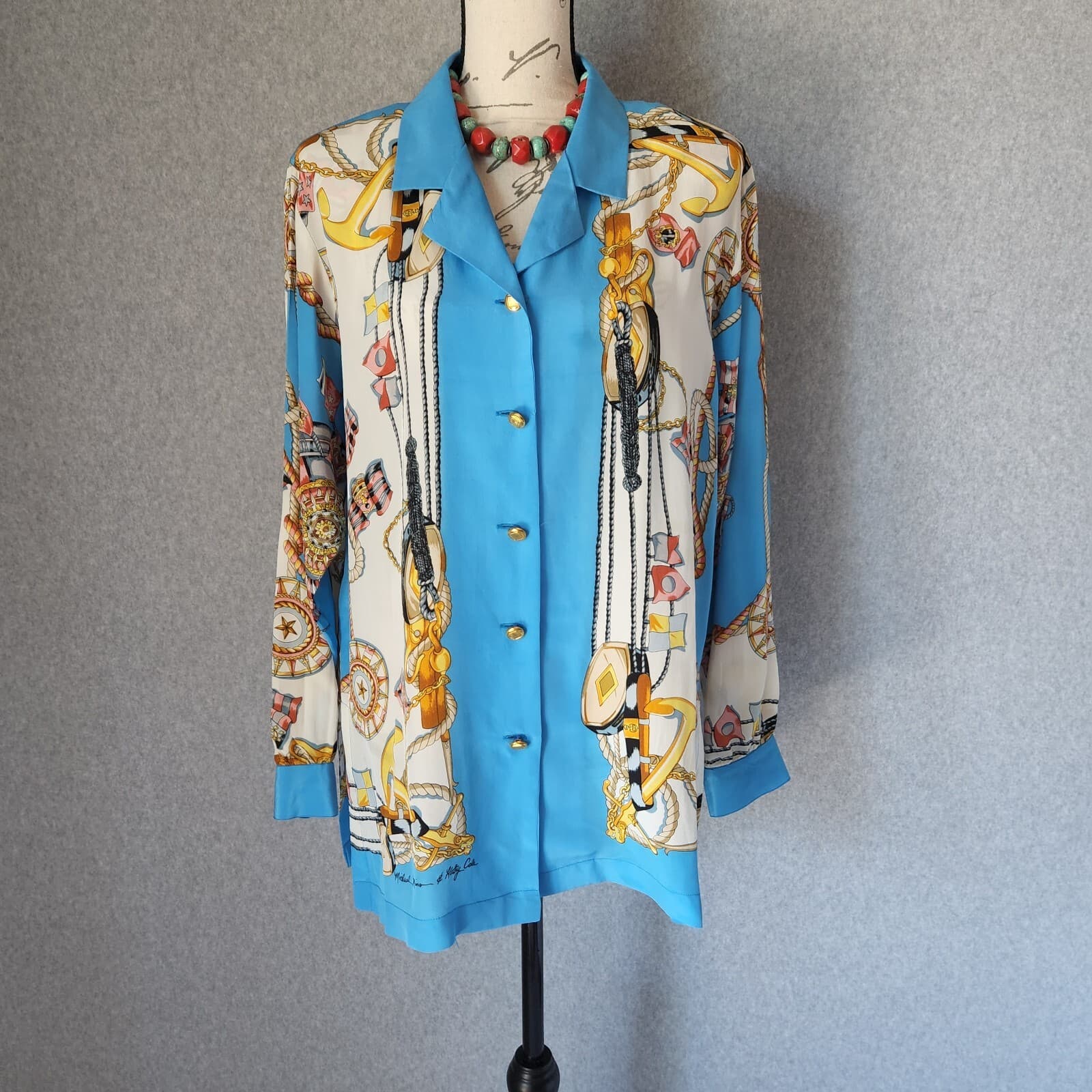 Vintage Michael Mims Kathy Cole Anchor Rope Silk Top Long Sleeve Button Blue Med