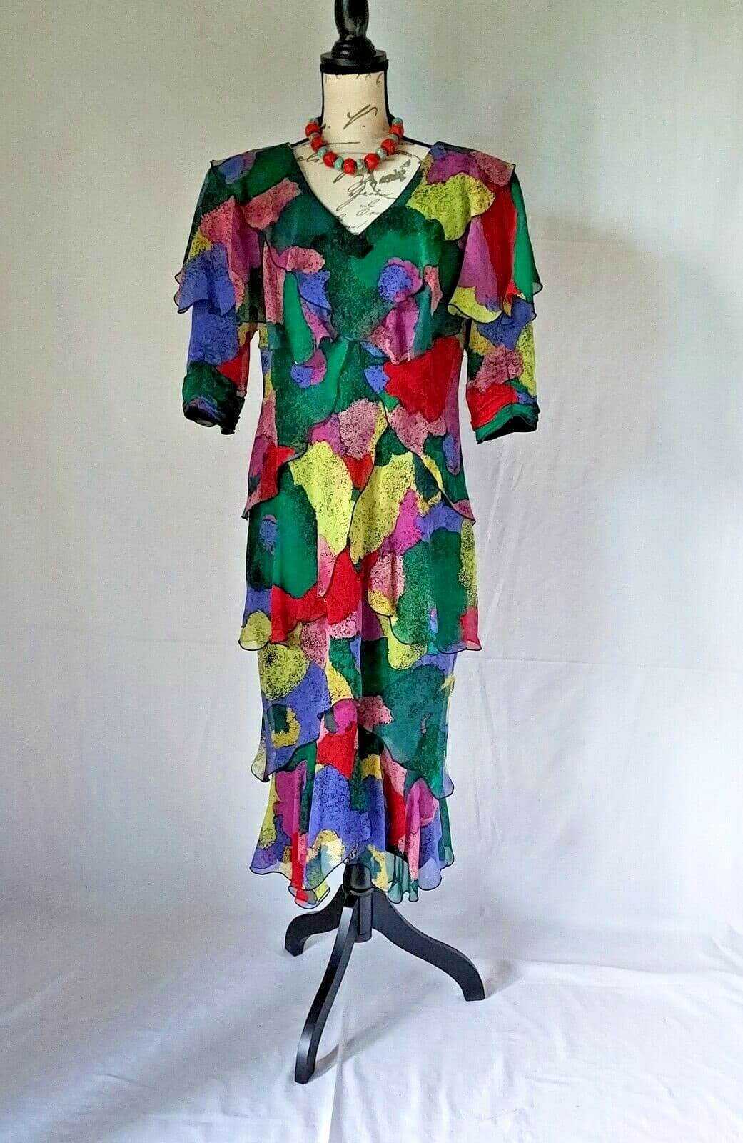 Vintage Holly Harp Chiffon Ruffle Midi Dress Shoulder Pad Multi-color Chest 36"