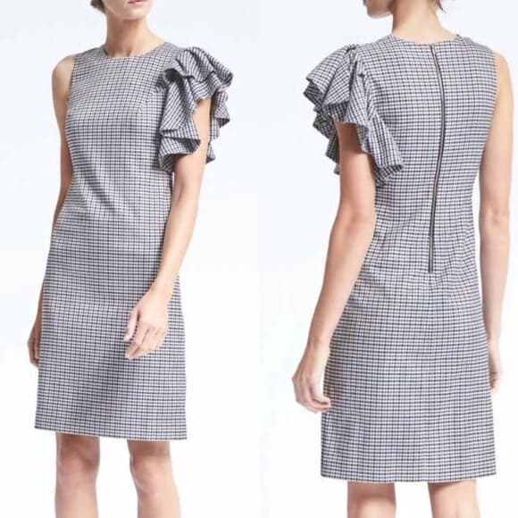 Banana Republic Gingham Shift Dress One-Ruffle Shoulder Zip Blue-Tan Women Sz.10