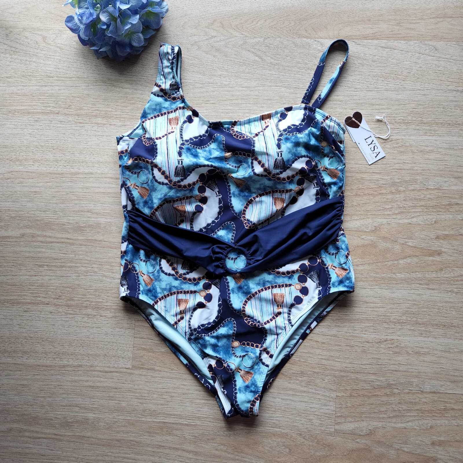 NWT LYSA Chain Printed UPF50+ One Piece Swimsuit Bra-Padded Blue Sz.2X