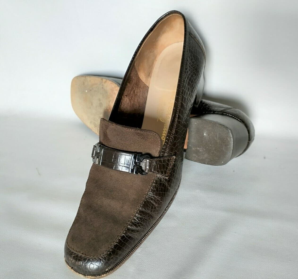 Salvatore Ferragamo Suede Crocodile Leather Loafer Brown US8.5 Made in Italy