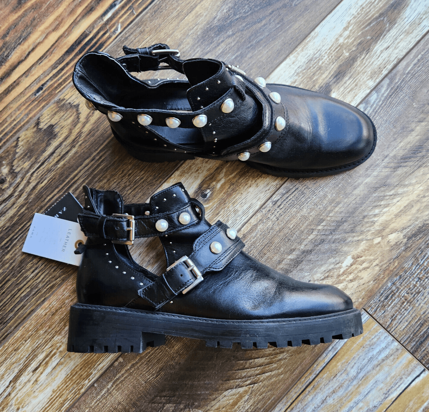 NWoB ZARA $129 Black Leather Studded Pearl Biker Cutout Ankle Moto Boots Women 6