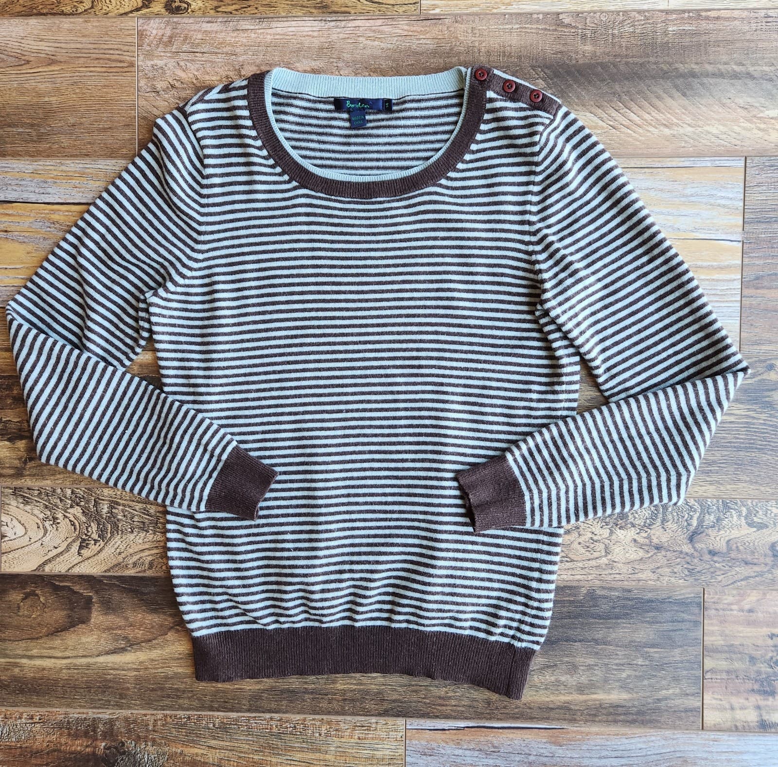 Boden Striped Sweater Shoulder Button Cotton Cashmere Blend Brown Green Sz.14
