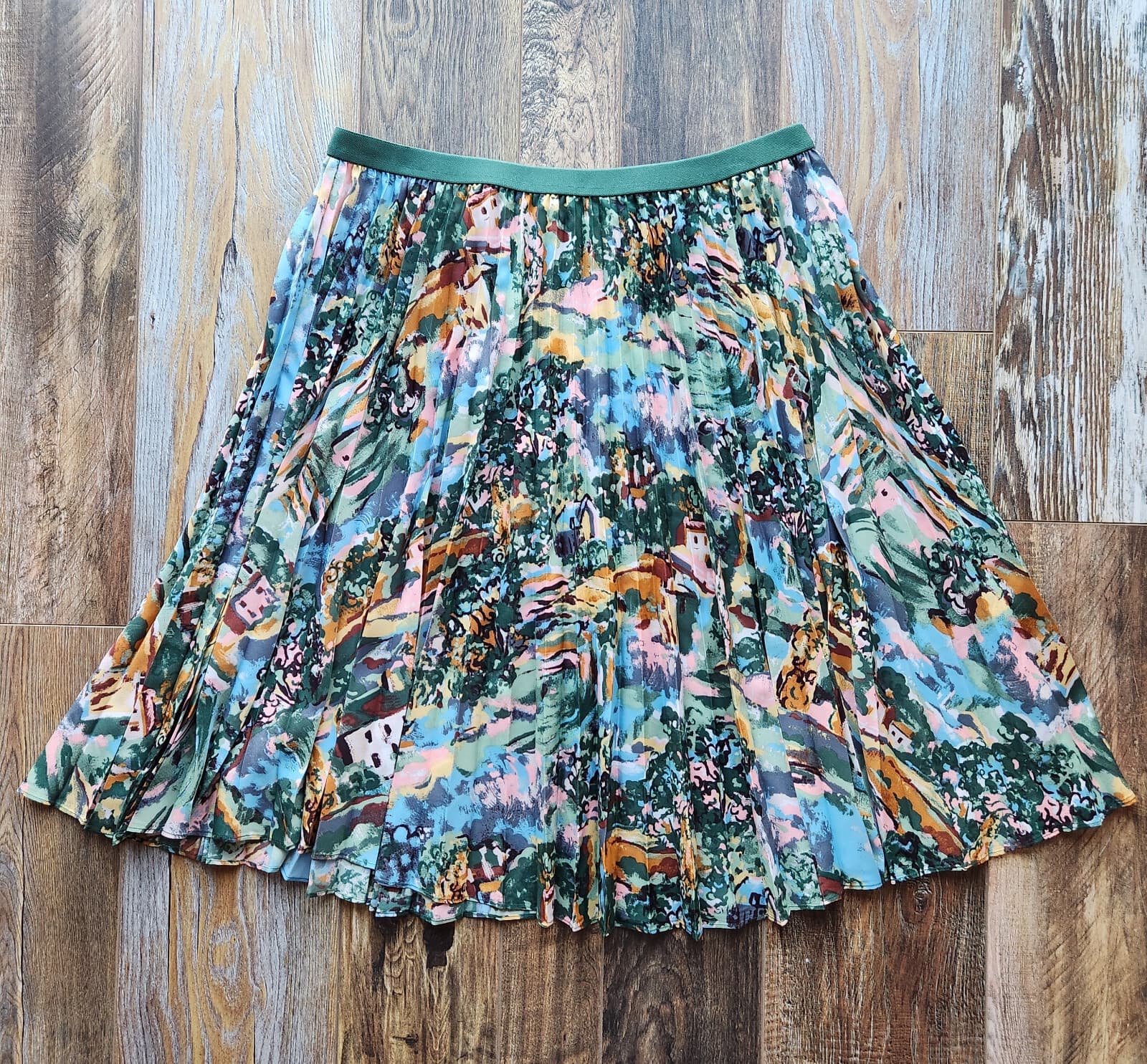 Cath Kidston London Pleated Midi Skirt Pull-On Elastic-Waist Multi Scenic Sz.XL