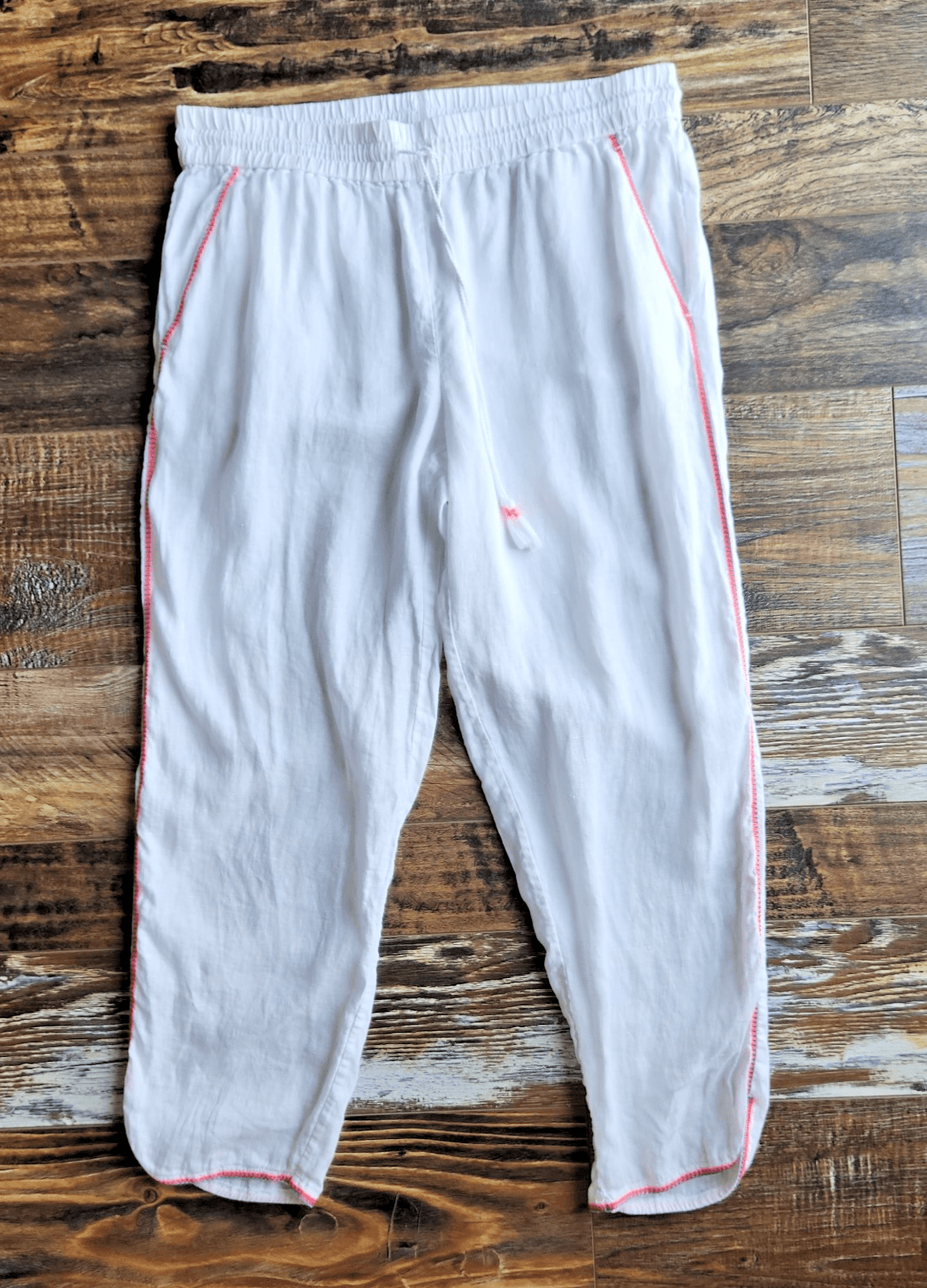 J.Crew 100%Linen Side-Stripe Cropped Pants Elastic Waist Pocket White Sz.M E8821