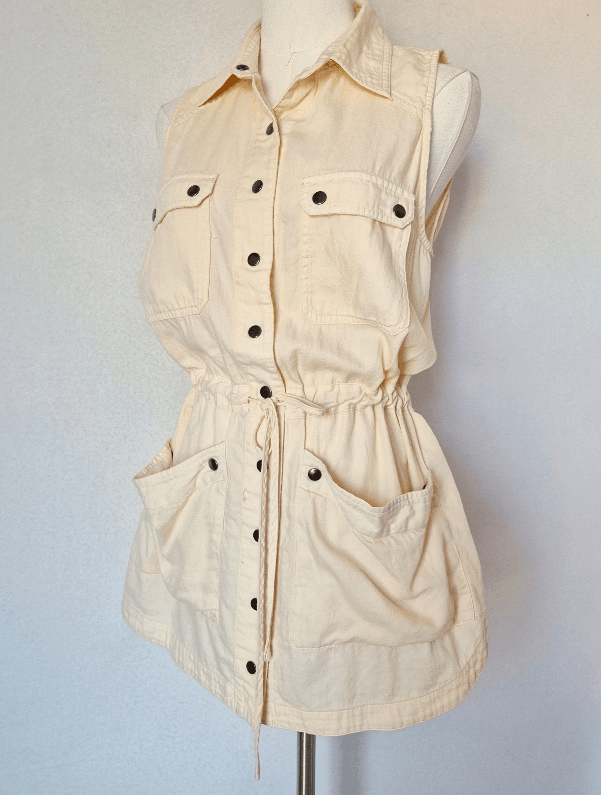 Free People Too Far Utility Sleeveless Vest Tie-Waist Pocket Beige Women's S