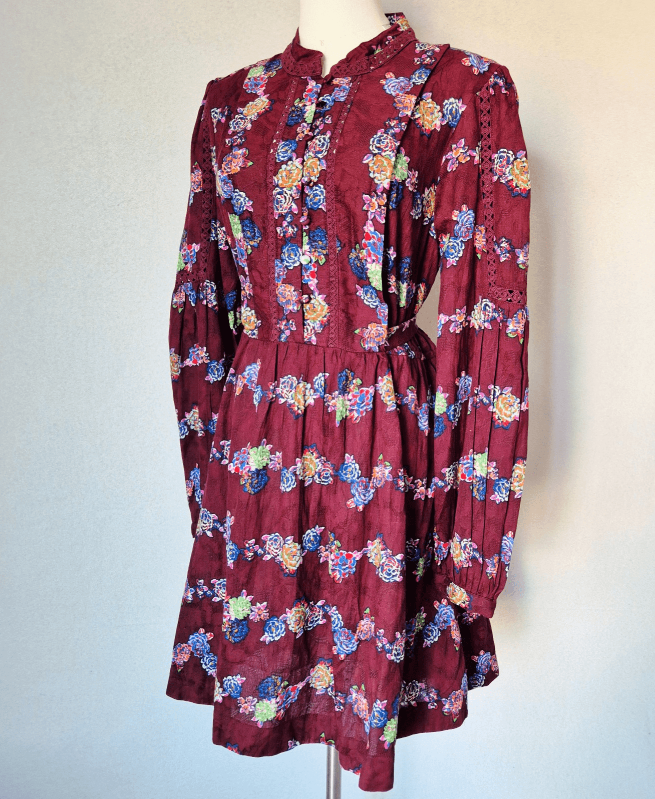 NWT Anthropologie Floral Lace-Trim Mini Dress Tie-Back Long Sleeve Burgundy Sz.L