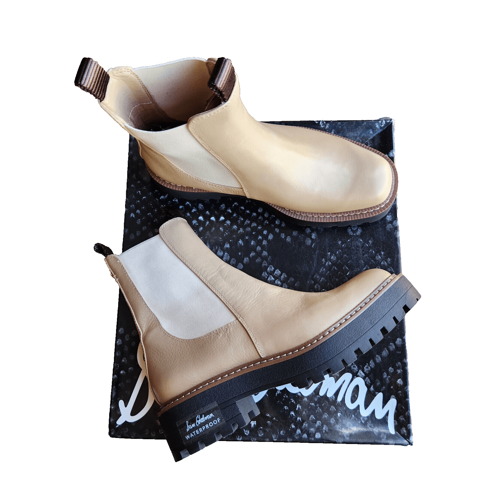NIB Sam Edelman Laguna Sesame Leather Chelsea Boots Waterproof Lug Sole US 5.5M
