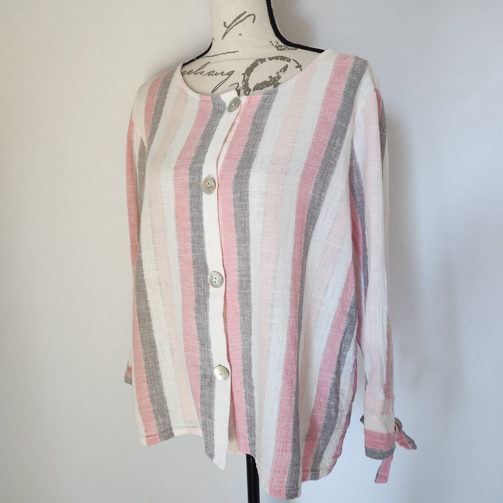 Habitat Women's L Linen Blend Blouse Top 3/4 Sleeve Button Front Multi Striped