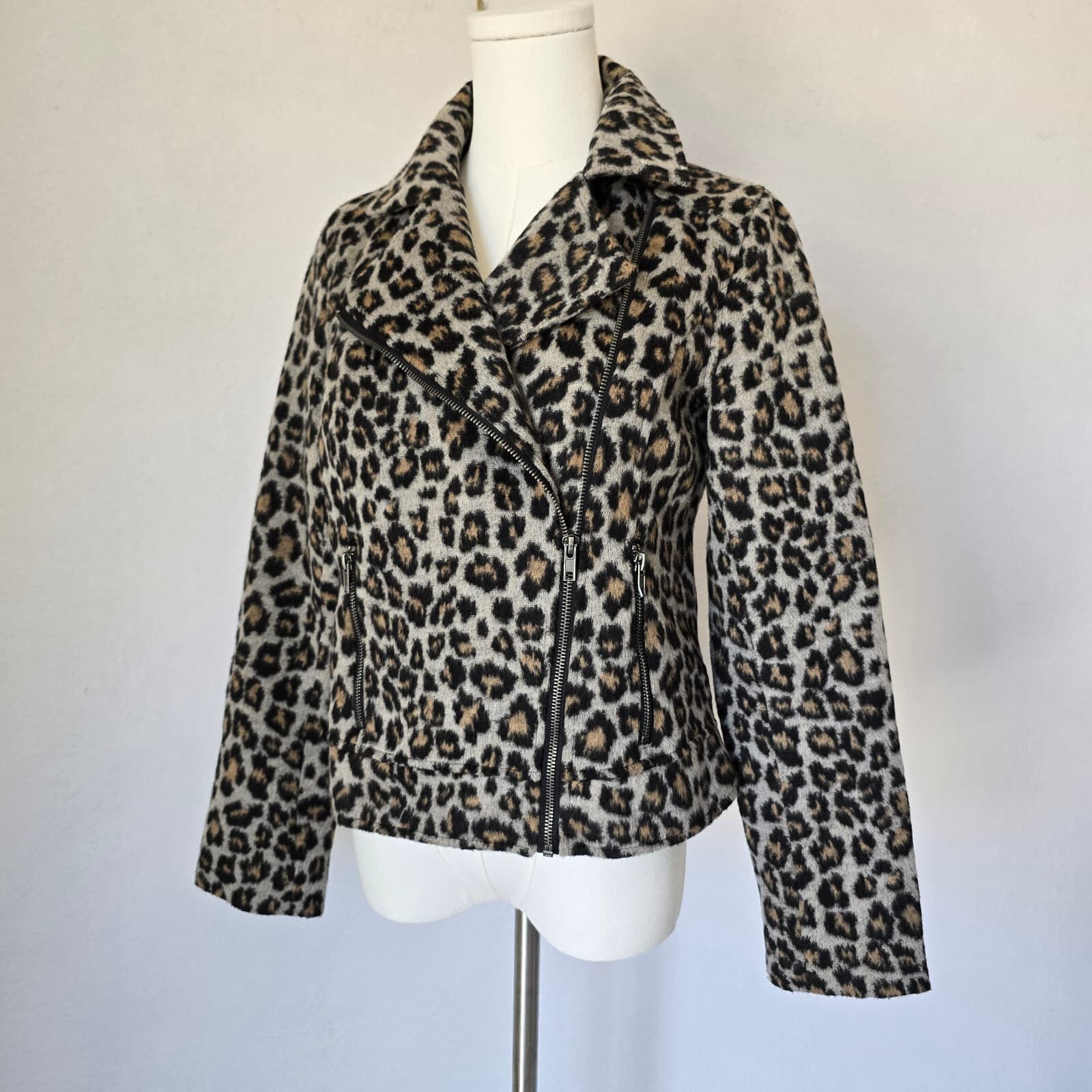 Cupcakes And Cashmere Margaux Wool Blend Faux Fur Leopard Moto Crop Jacket Sz.S