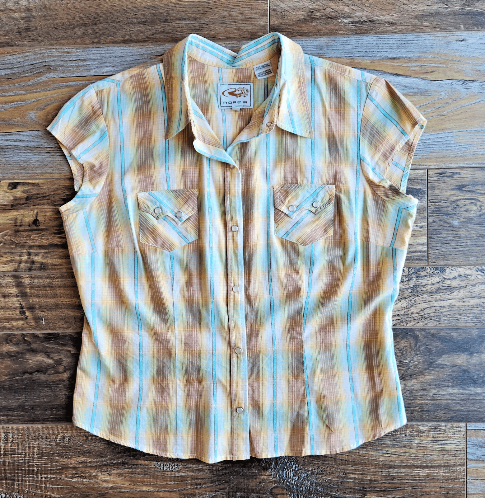 Roper Western Shirt Pearl Snap Cap Sleeve Pocket Cotton Yellow Plaid Women's L