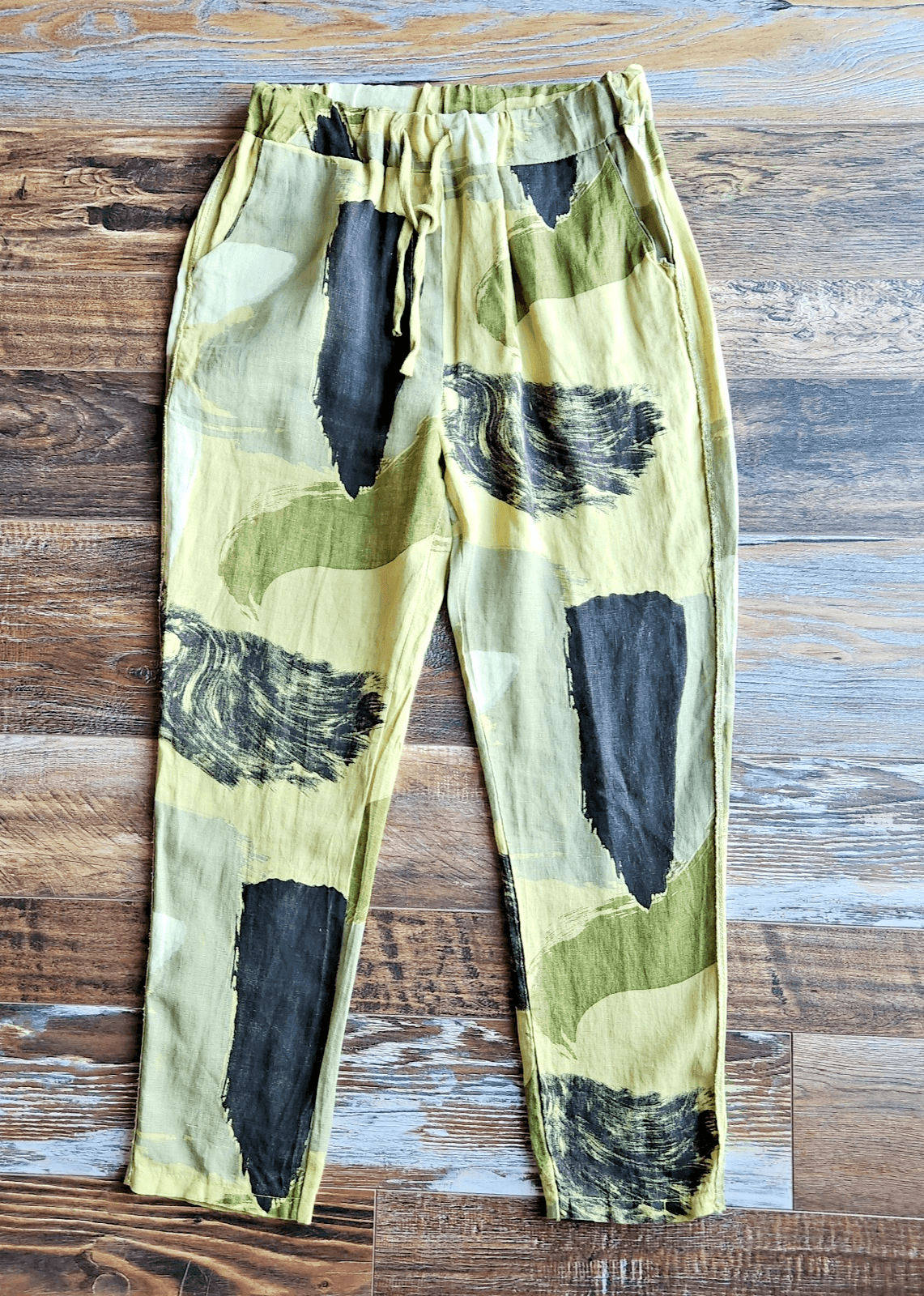 NWoT Venti6 Made in Italy Linen Pants Elastic Waist Pocket Abstract Green Sz.S