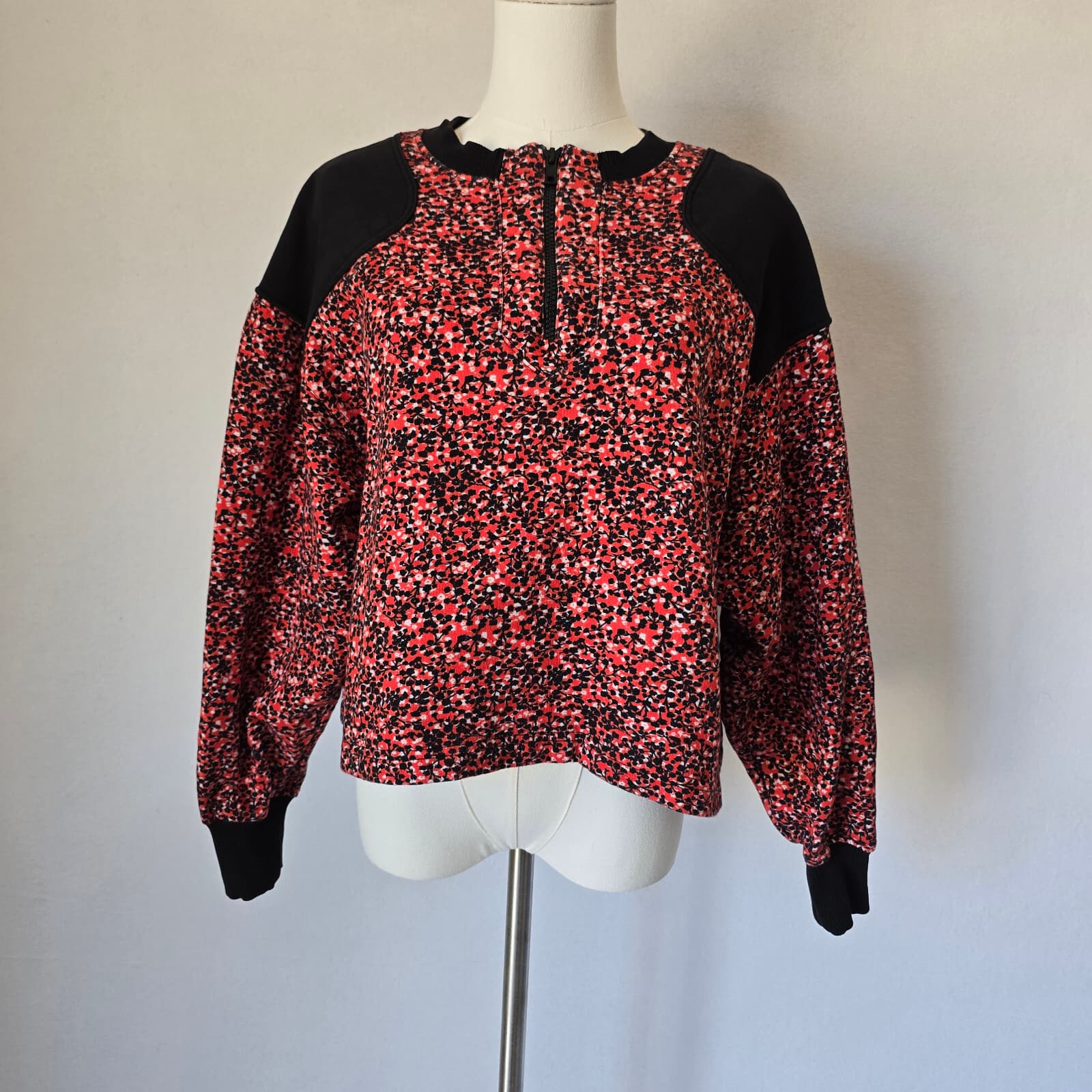 REBECCA MINKOFF Sara Floral French Terry Sweatshirt Half-Zip Red Black Women's M