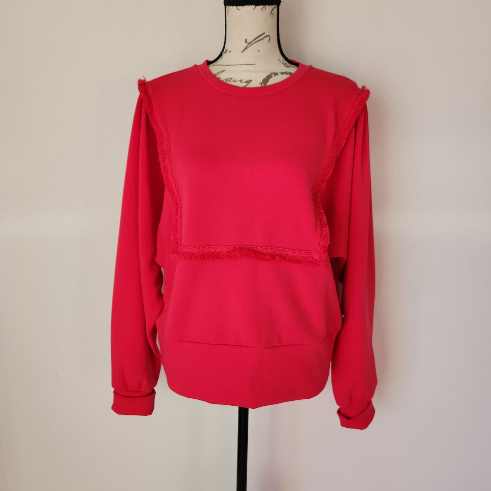 Scotch & Soda $138 Fringed Oversized Raglan Sweatshirt Wide Cuff-Hem Pink Sz.XL